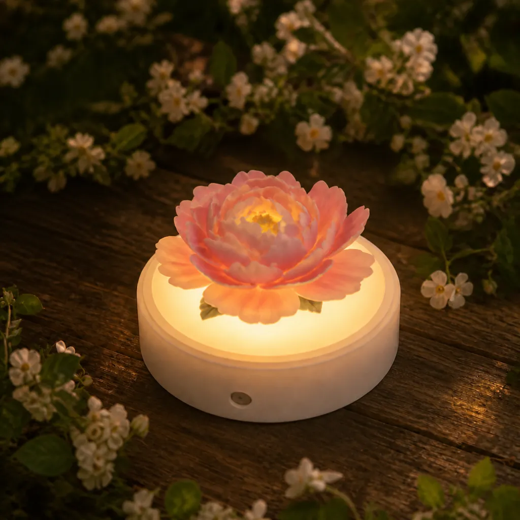 Peony Night Light — Lit at dusk